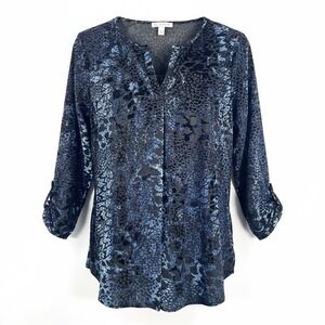 Christopher & Banks Blouse sz L Blue Animal Print Burnout Velvet boho